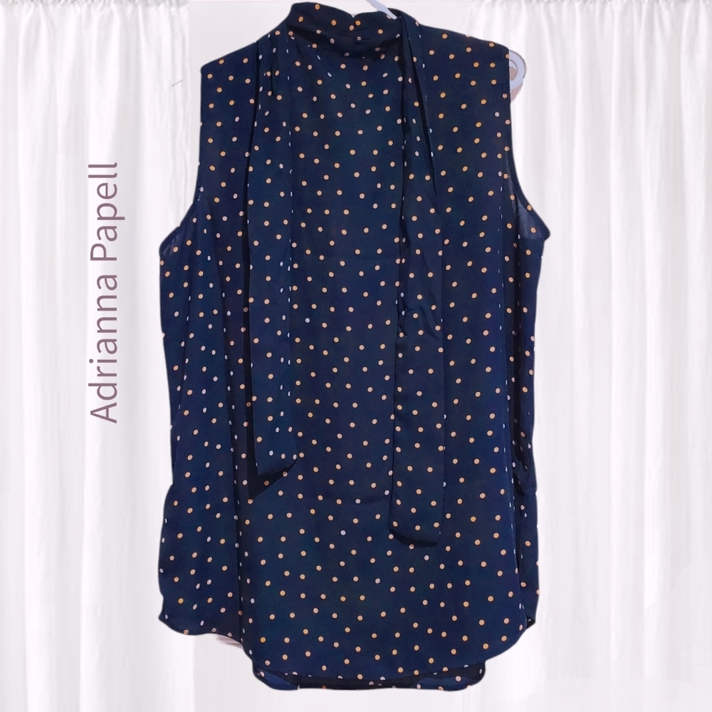Adrianna Papell Sleeveless Polka Dot Tie Neck Blouse - Picture 9 of 15